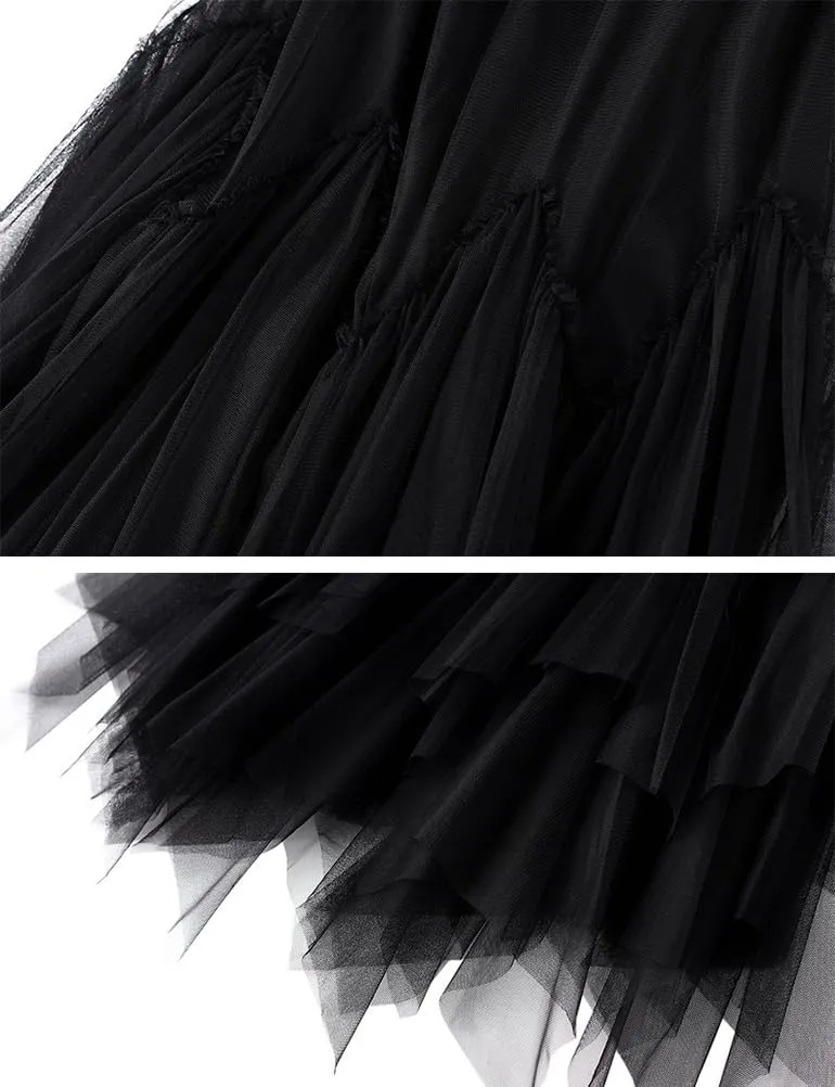 Layered Tulle Skirts for Women High Waisted Fall Winter A Line Cute Tutu Fluffy Mesh Midi Pleated Skirt