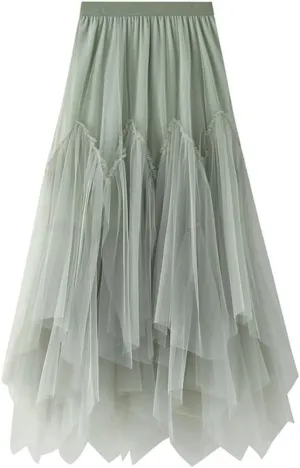 Layered Tulle Skirts for Women High Waisted Fall Winter A Line Cute Tutu Fluffy Mesh Midi Pleated Skirt
