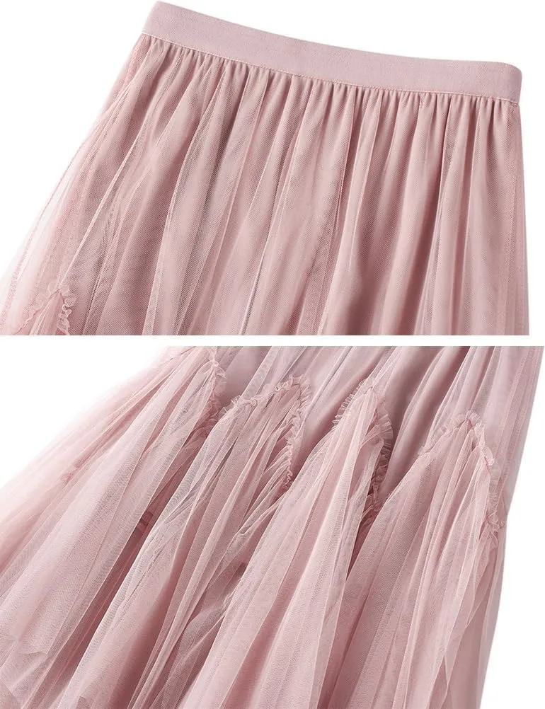 Layered Tulle Skirts for Women High Waisted Fall Winter A Line Cute Tutu Fluffy Mesh Midi Pleated Skirt