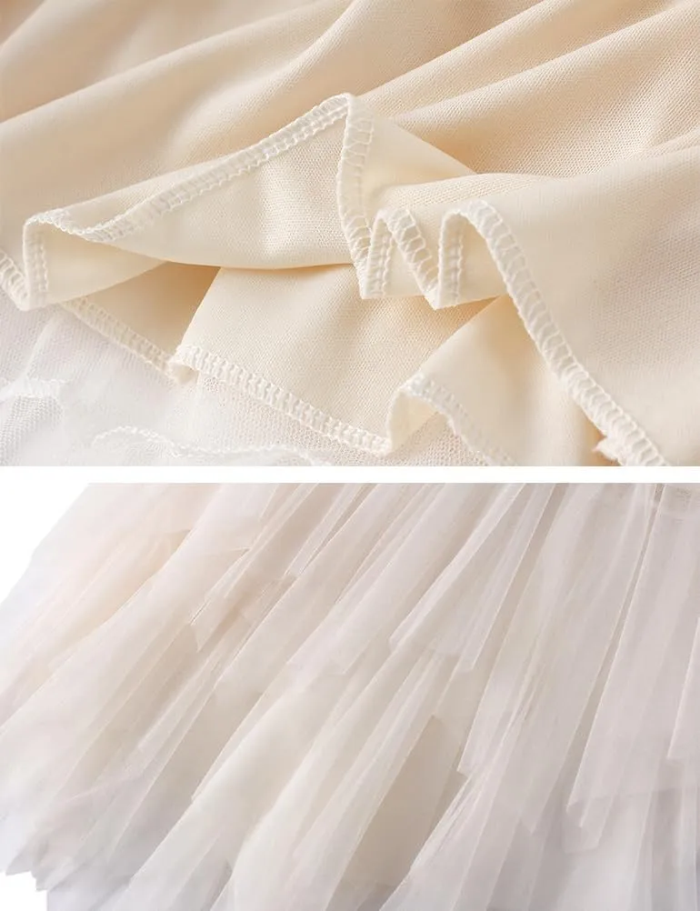 Layered Tulle Skirts for Women High Waisted Fall Winter A Line Cute Tutu Fluffy Mesh Midi Pleated Skirt