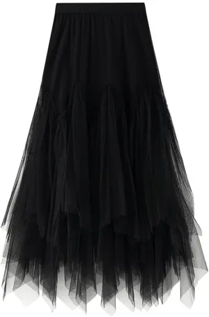 Layered Tulle Skirts for Women High Waisted Fall Winter A Line Cute Tutu Fluffy Mesh Midi Pleated Skirt