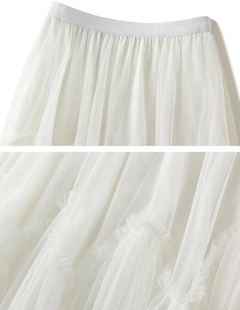 Layered Tulle Skirts for Women High Waisted Fall Winter A Line Cute Tutu Fluffy Mesh Midi Pleated Skirt