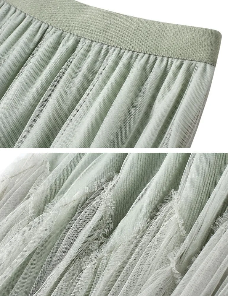 Layered Tulle Skirts for Women High Waisted Fall Winter A Line Cute Tutu Fluffy Mesh Midi Pleated Skirt