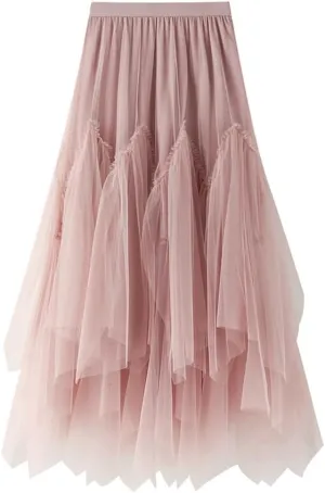 Layered Tulle Skirts for Women High Waisted Fall Winter A Line Cute Tutu Fluffy Mesh Midi Pleated Skirt