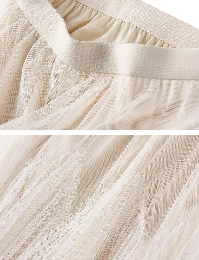 Layered Tulle Skirts for Women High Waisted Fall Winter A Line Cute Tutu Fluffy Mesh Midi Pleated Skirt