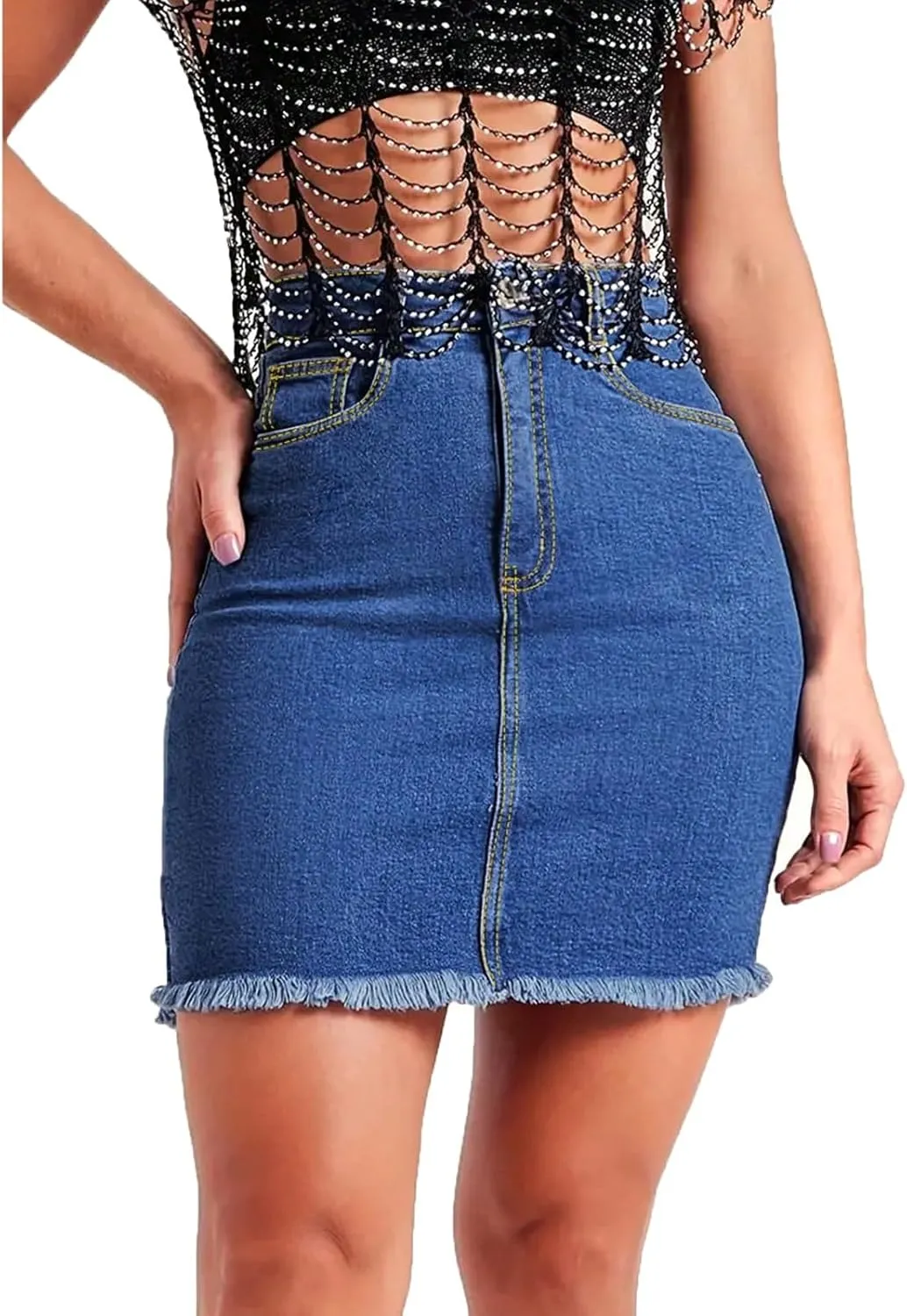 lcyhony Womens Jean Skirt Y2k High Waisted Tummy Control Pencil Mini Skirts Summer Boyfriend Frayed Denim Skirt with Pockets