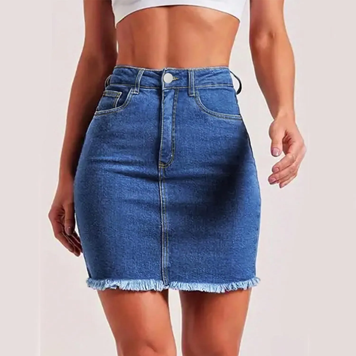 lcyhony Womens Jean Skirt Y2k High Waisted Tummy Control Pencil Mini Skirts Summer Boyfriend Frayed Denim Skirt with Pockets