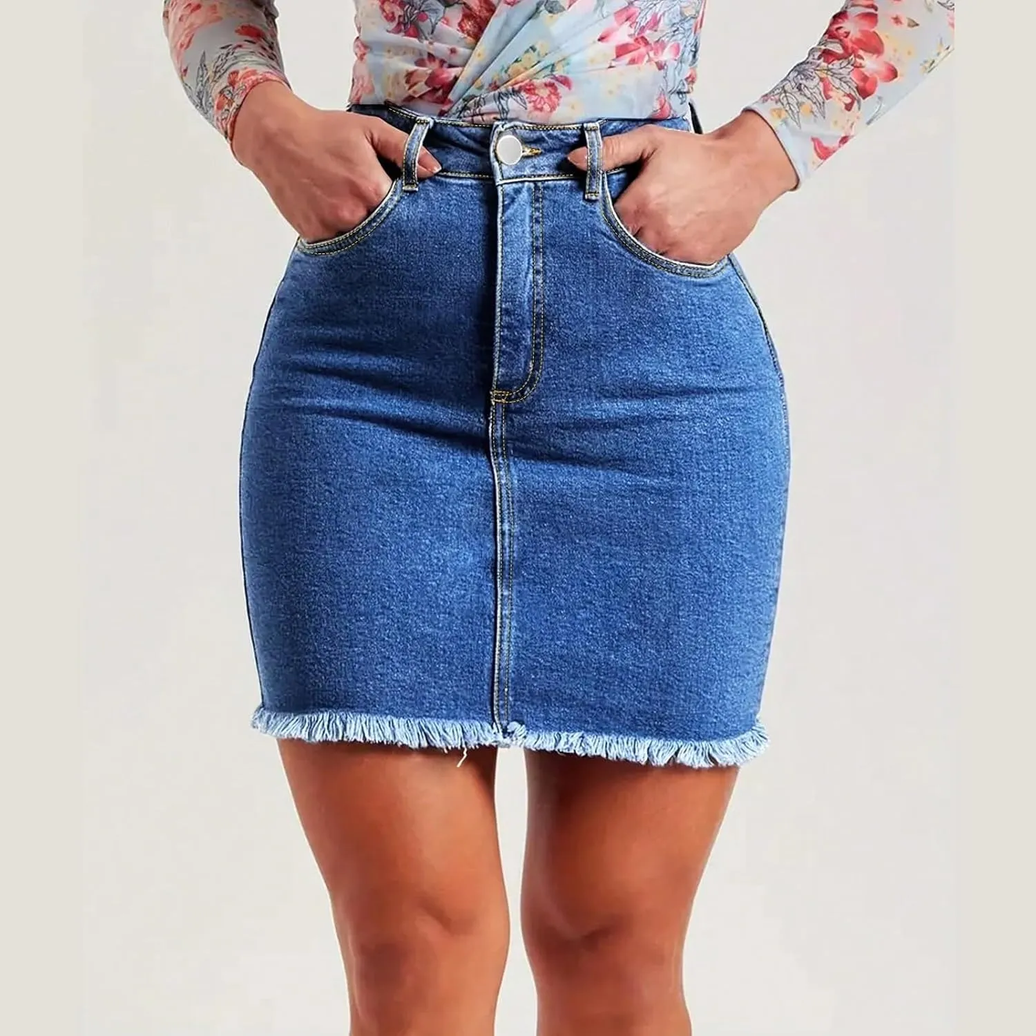 lcyhony Womens Jean Skirt Y2k High Waisted Tummy Control Pencil Mini Skirts Summer Boyfriend Frayed Denim Skirt with Pockets