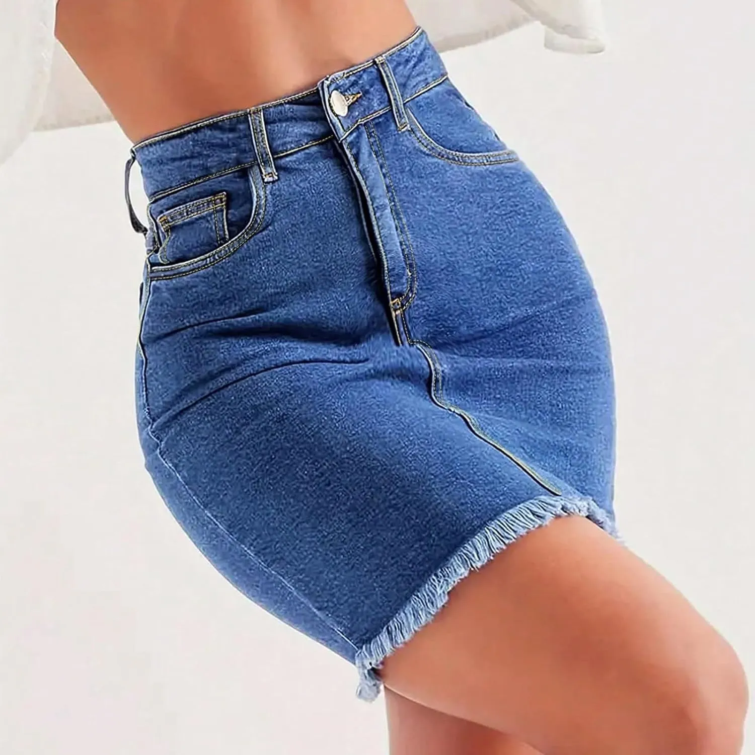 lcyhony Womens Jean Skirt Y2k High Waisted Tummy Control Pencil Mini Skirts Summer Boyfriend Frayed Denim Skirt with Pockets
