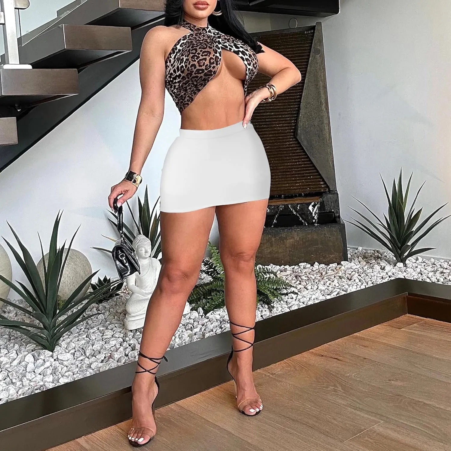 Leopard Cheetah Skirt with Shorts, Sexy Night Club High Waist Elastic Leopard Print Bodycon Mini Skirts for Women