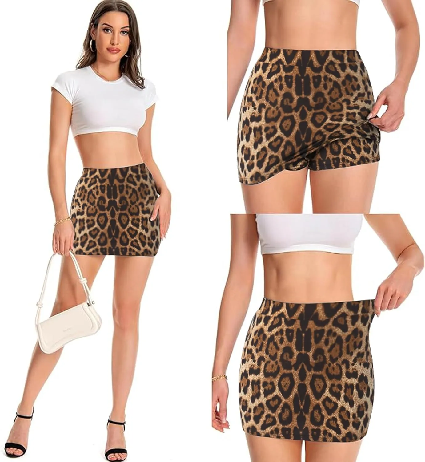 Leopard Cheetah Skirt with Shorts, Sexy Night Club High Waist Elastic Leopard Print Bodycon Mini Skirts for Women