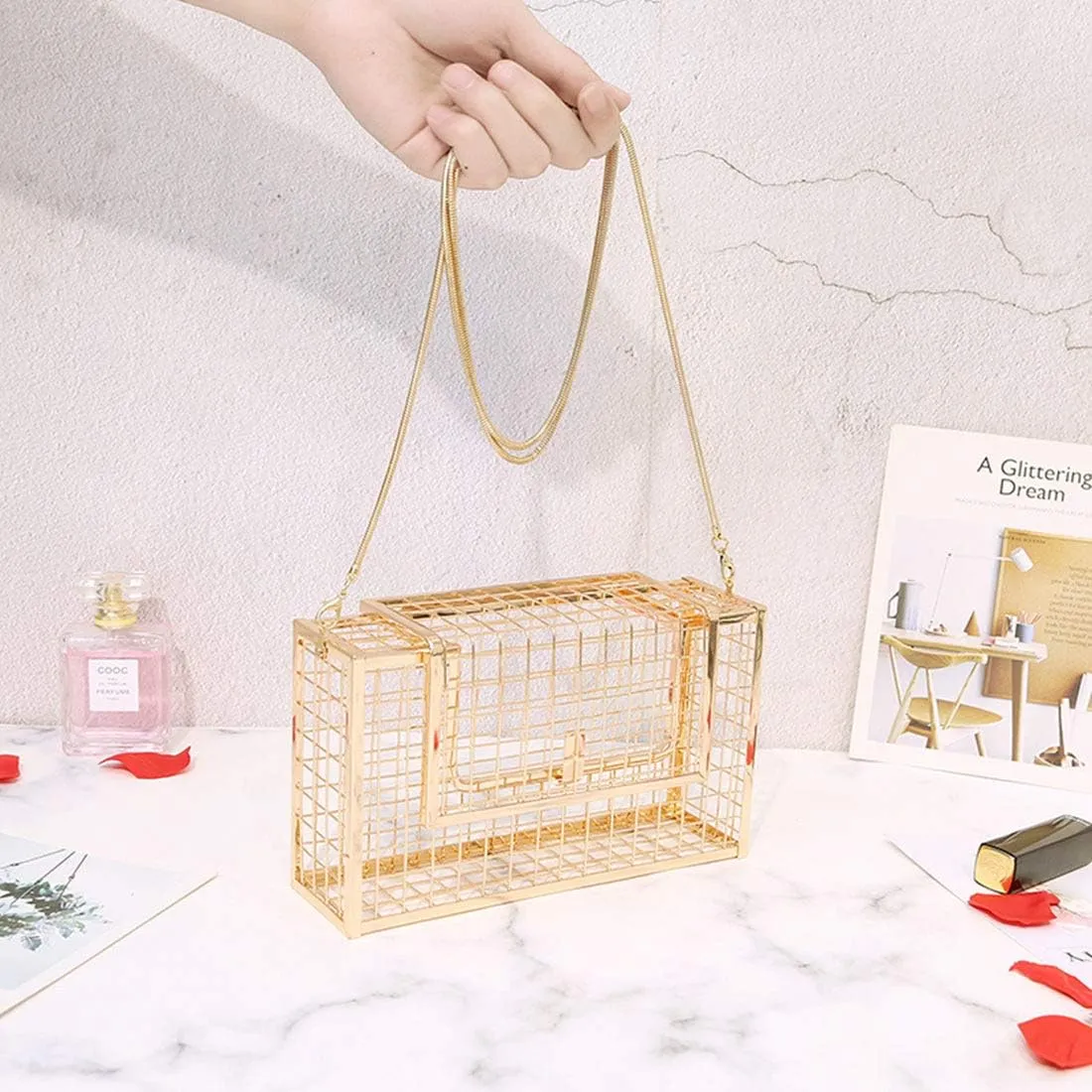 LETODE Women's Elegant Chain Cross-body Bag Metal Hollow Cage Clutch