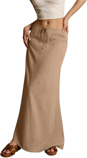 Linen Long Skirts for Women Trendy Summer Drawstring A Line Solid Maxi Skirts Beach Vacation Boho Flowy Skirts