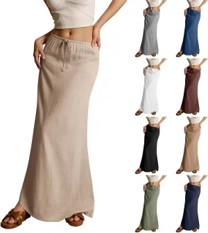 Linen Long Skirts for Women Trendy Summer Drawstring A Line Solid Maxi Skirts Beach Vacation Boho Flowy Skirts