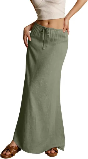 Linen Long Skirts for Women Trendy Summer Drawstring A Line Solid Maxi Skirts Beach Vacation Boho Flowy Skirts