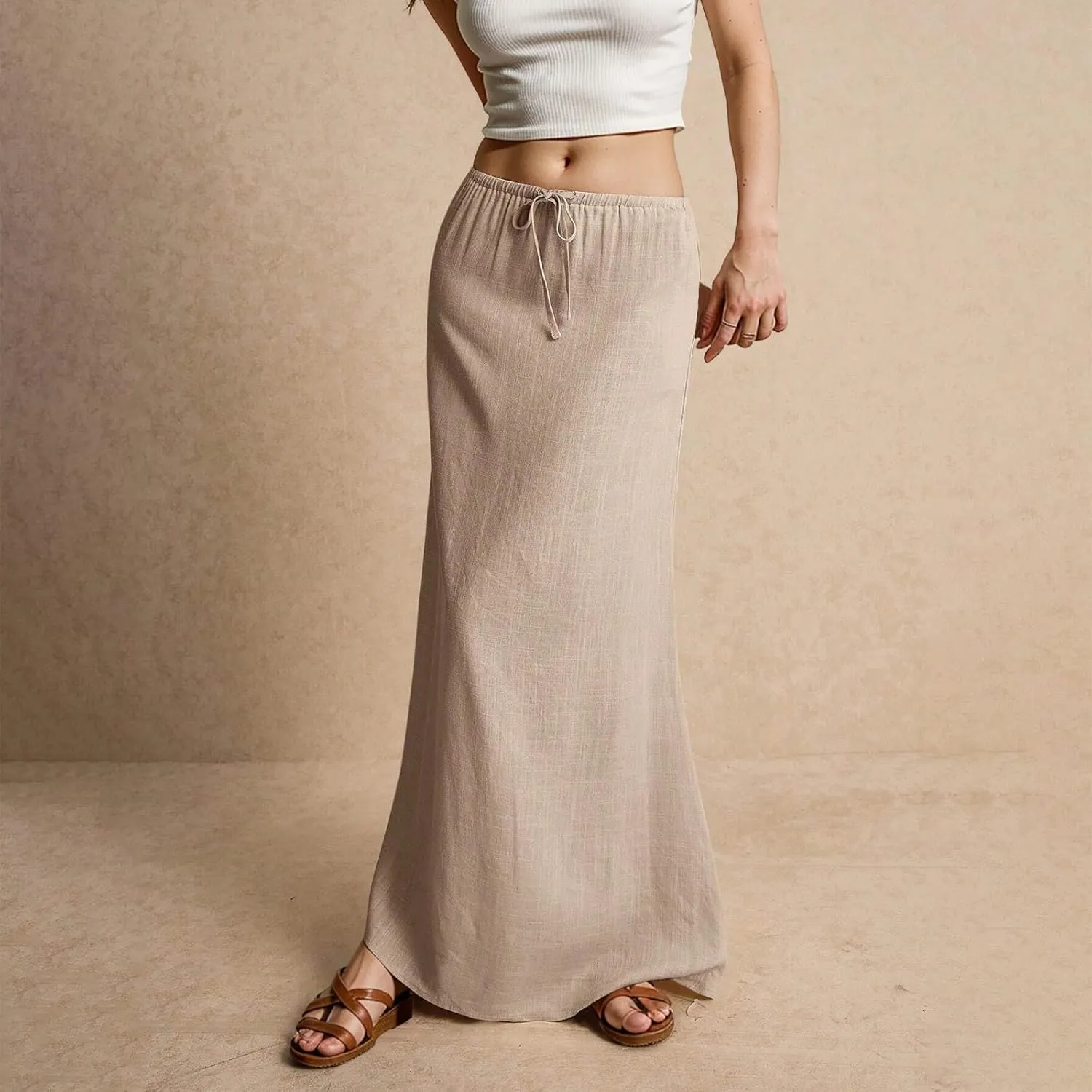 Linen Long Skirts for Women Trendy Summer Drawstring A Line Solid Maxi Skirts Beach Vacation Boho Flowy Skirts