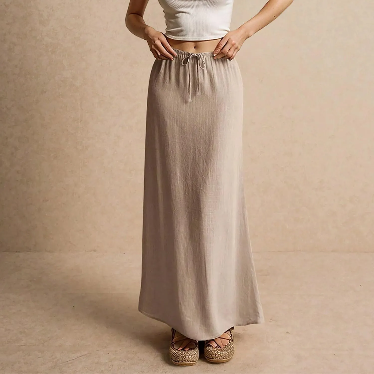 Linen Long Skirts for Women Trendy Summer Drawstring A Line Solid Maxi Skirts Beach Vacation Boho Flowy Skirts