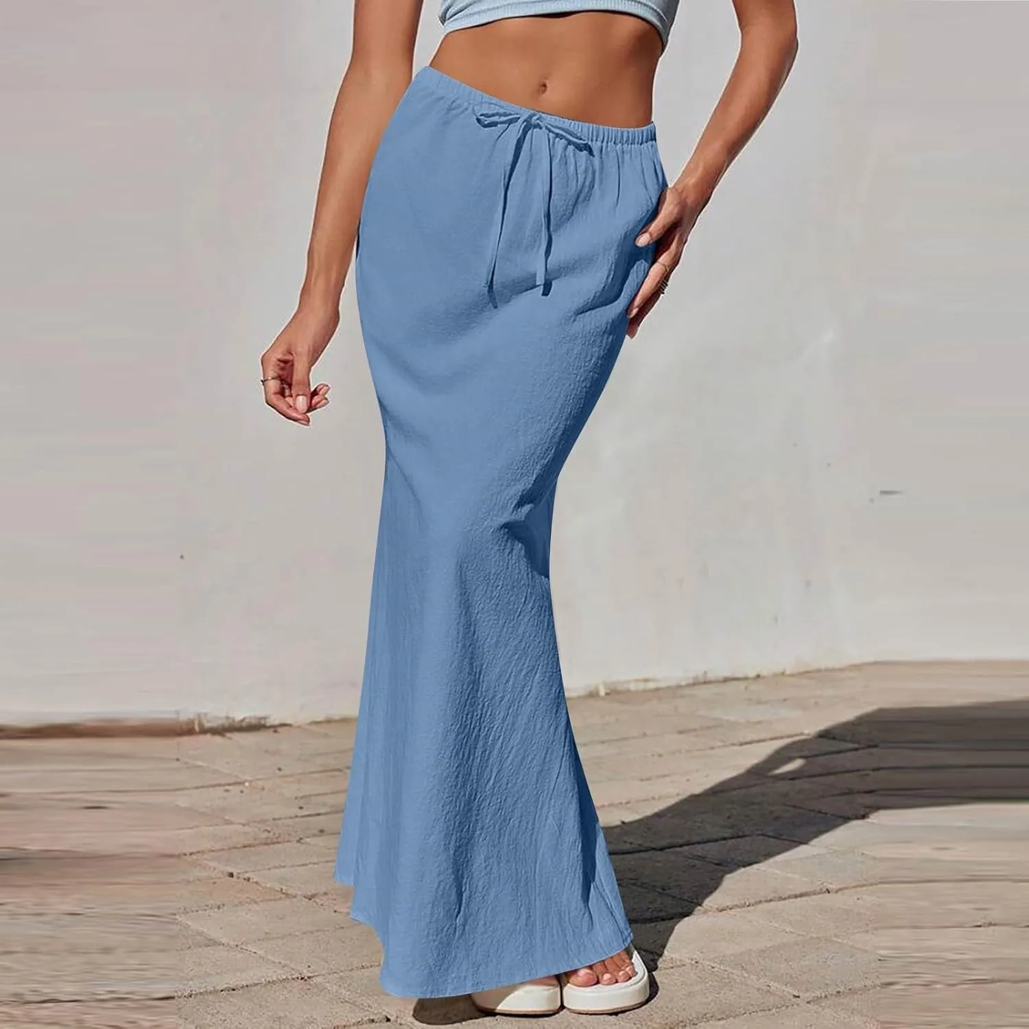 Linen Maxi Skirts for Women 2025 Boho Summer Skirt Casual Drawstring Elastic Waist A Line Long Flowy Fishtail Skirt
