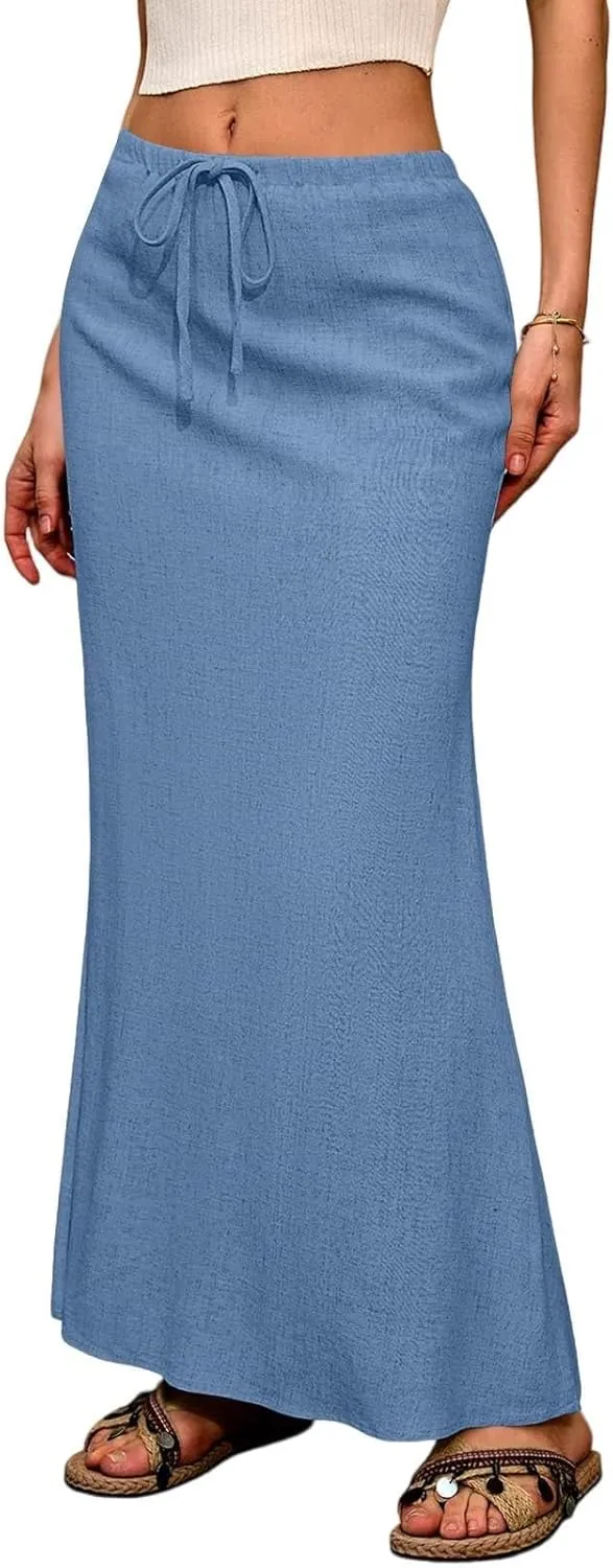Linen Maxi Skirts for Women 2025 Boho Summer Skirt Casual Drawstring Elastic Waist A Line Long Flowy Fishtail Skirt