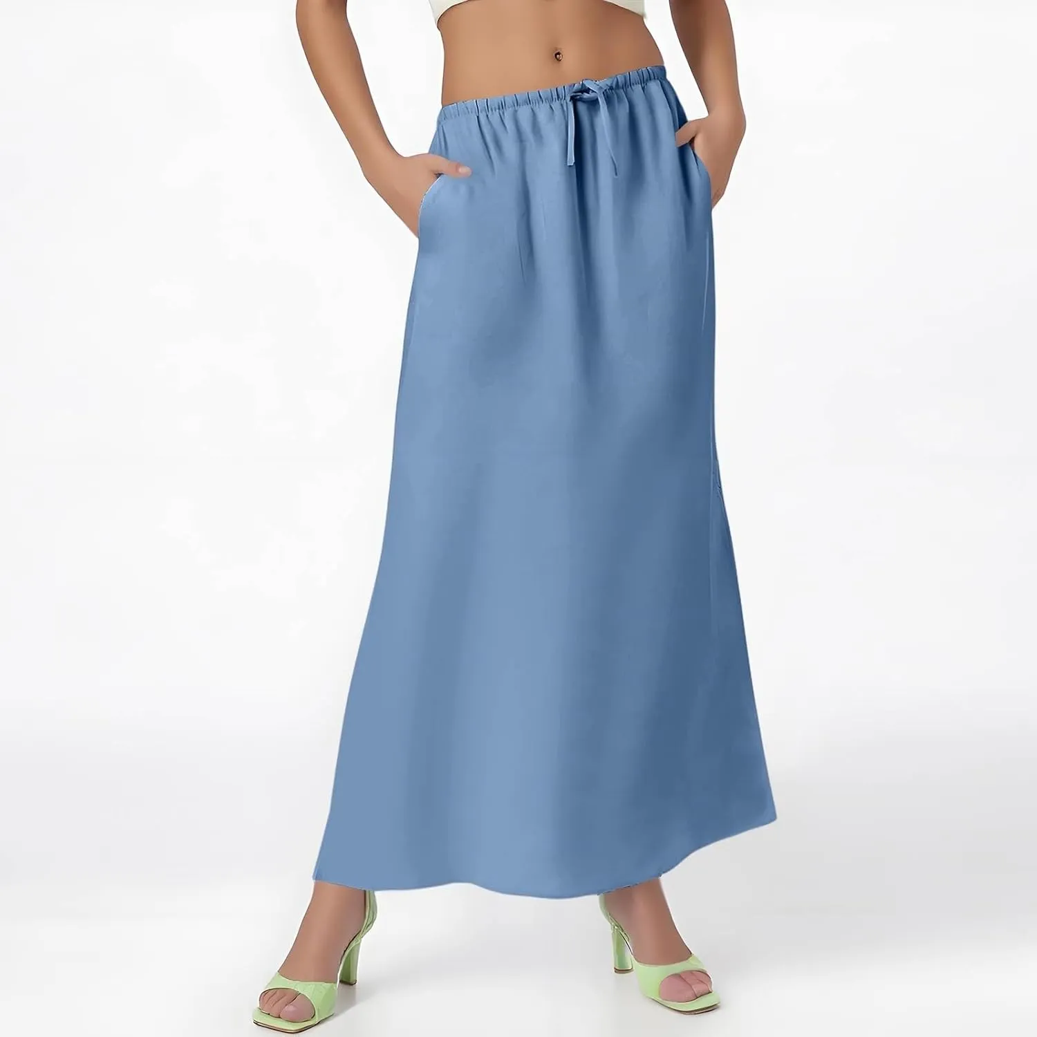 Linen Maxi Skirts for Women 2025 Boho Summer Skirt Casual Drawstring Elastic Waist A Line Long Flowy Fishtail Skirt