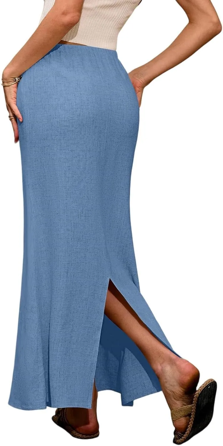 Linen Maxi Skirts for Women 2025 Boho Summer Skirt Casual Drawstring Elastic Waist A Line Long Flowy Fishtail Skirt