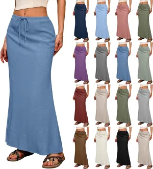 Linen Maxi Skirts for Women 2025 Boho Summer Skirt Casual Drawstring Elastic Waist A Line Long Flowy Fishtail Skirt