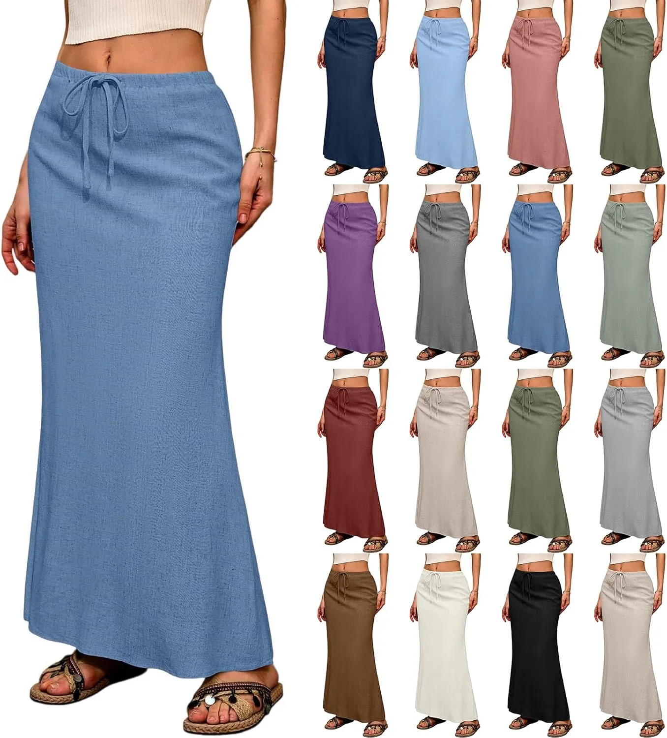 Linen Maxi Skirts for Women 2025 Boho Summer Skirt Casual Drawstring Elastic Waist A Line Long Flowy Fishtail Skirt