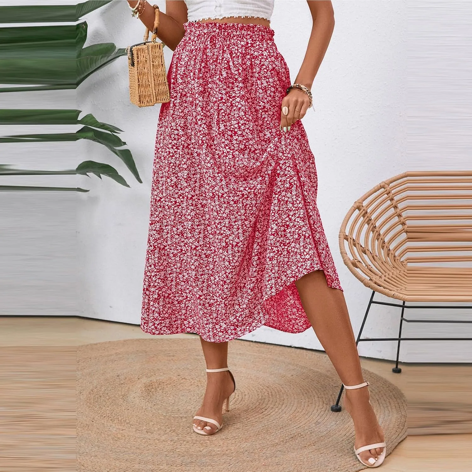 Linen Skirt for Women Summer Drawstring High Waisted Midi Skirt Smocked A Line Dressy Skirts Knee Length with Pockets