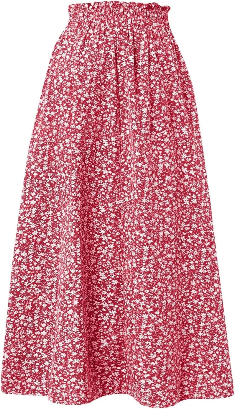 Linen Skirt for Women Summer Drawstring High Waisted Midi Skirt Smocked A Line Dressy Skirts Knee Length with Pockets