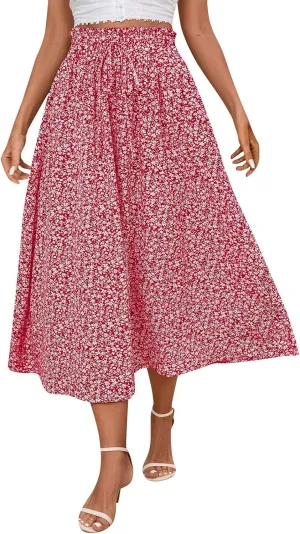 Linen Skirt for Women Summer Drawstring High Waisted Midi Skirt Smocked A Line Dressy Skirts Knee Length with Pockets