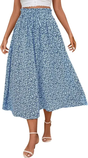 Linen Skirt for Women Summer Drawstring High Waisted Midi Skirt Smocked A Line Dressy Skirts Knee Length with Pockets