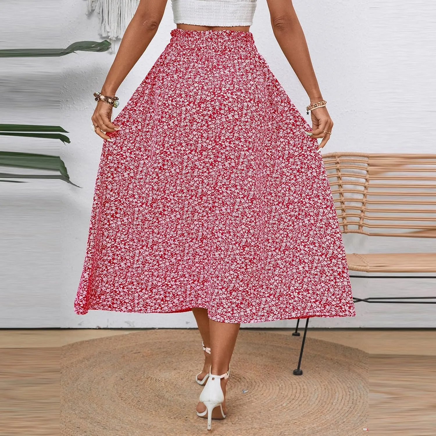 Linen Skirt for Women Summer Drawstring High Waisted Midi Skirt Smocked A Line Dressy Skirts Knee Length with Pockets