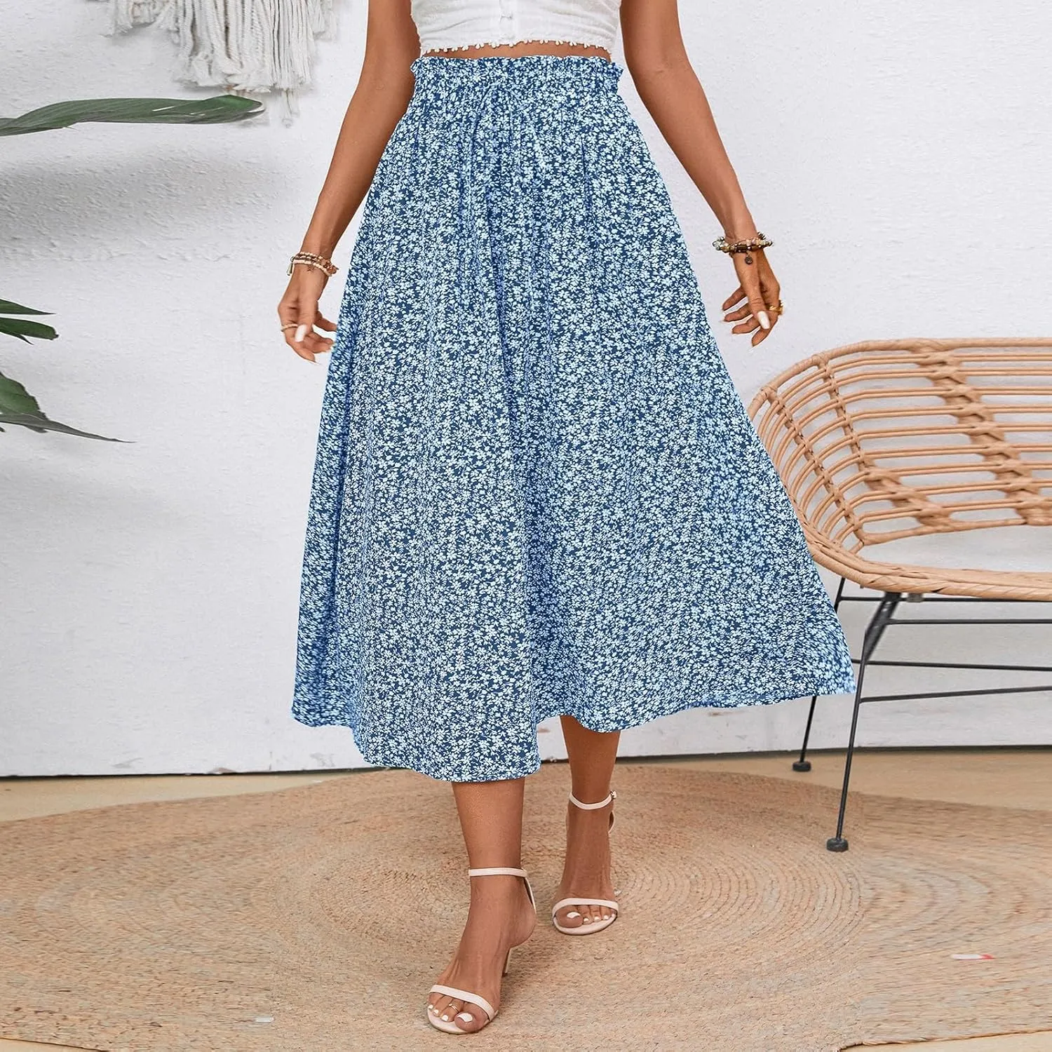 Linen Skirt for Women Summer Drawstring High Waisted Midi Skirt Smocked A Line Dressy Skirts Knee Length with Pockets