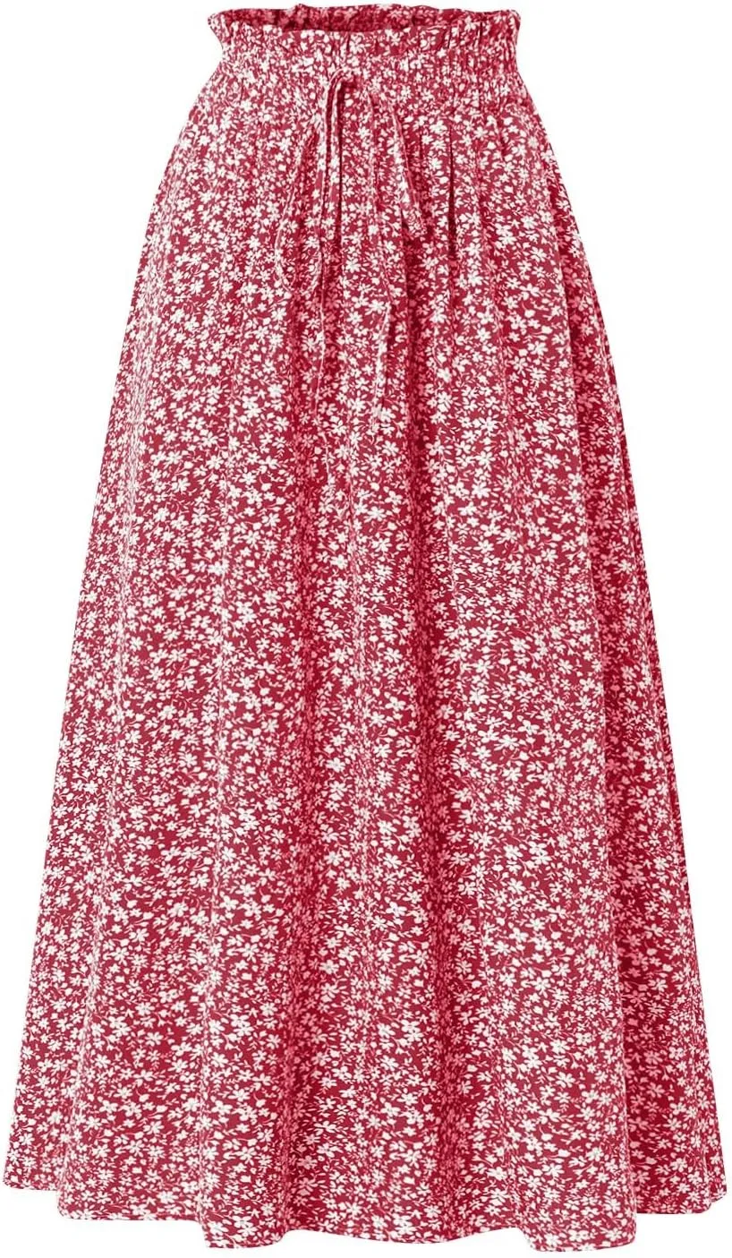 Linen Skirt for Women Summer Drawstring High Waisted Midi Skirt Smocked A Line Dressy Skirts Knee Length with Pockets