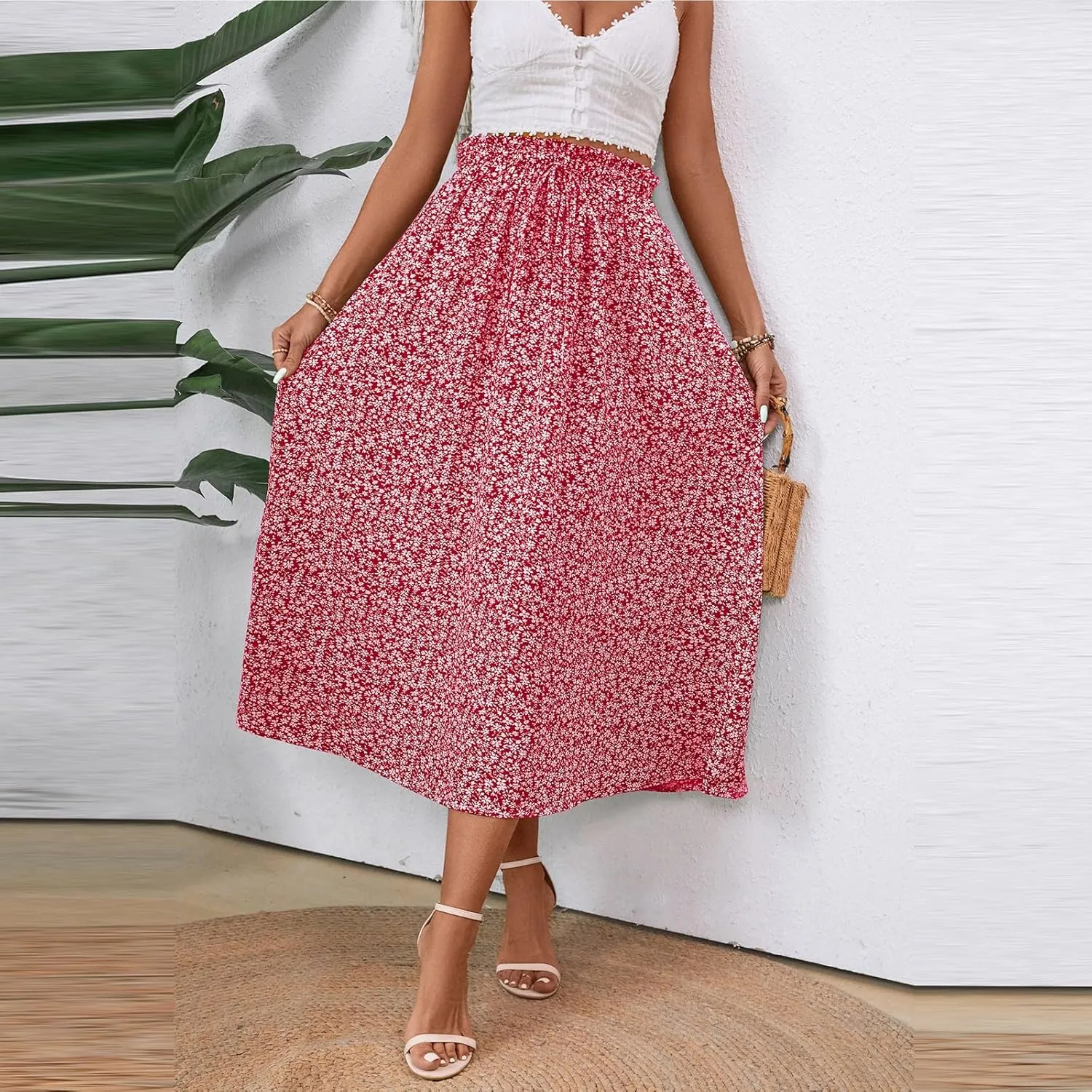 Linen Skirt for Women Summer Drawstring High Waisted Midi Skirt Smocked A Line Dressy Skirts Knee Length with Pockets