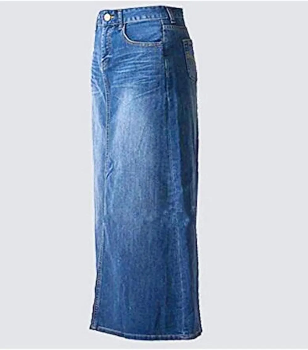 Long Denim Skirt for Women Casual A-Line Denim Maxi Skirt Stretch High Waisted Jean Skirt with Pocket Blue