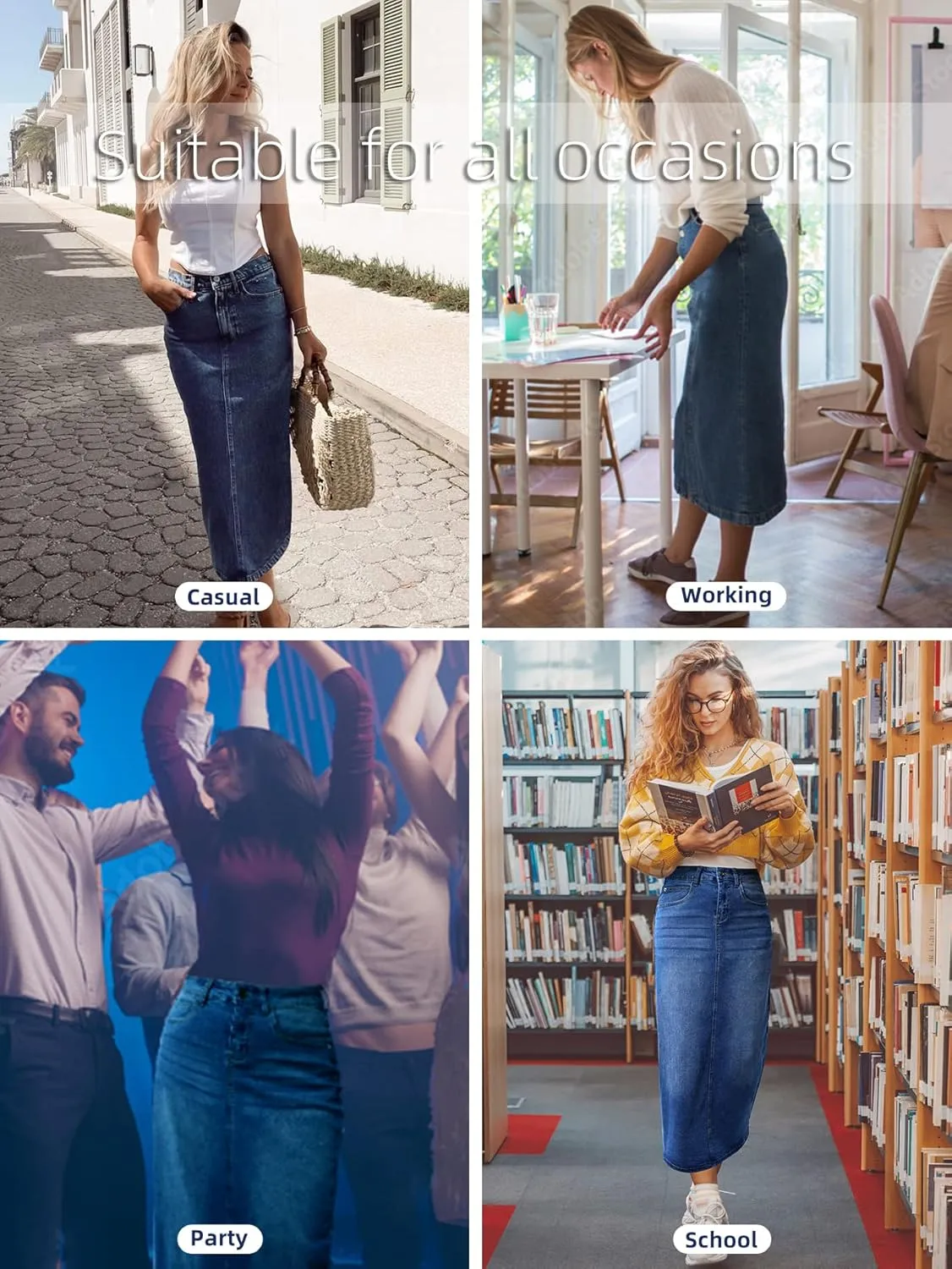 Long Denim Skirt for Women Casual A-Line Denim Maxi Skirt Stretch High Waisted Jean Skirt with Pocket Blue