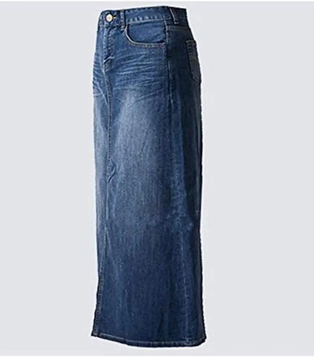 Long Denim Skirt for Women Casual A-Line Denim Maxi Skirt Stretch High Waisted Jean Skirt with Pocket Blue