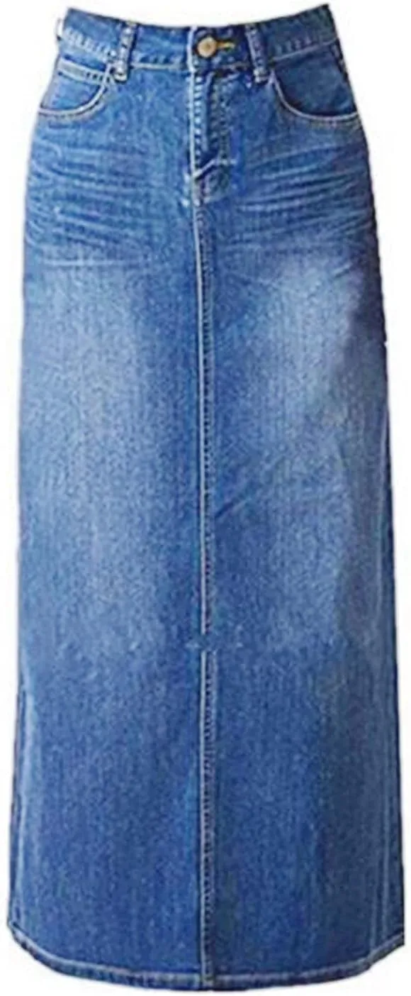 Long Denim Skirt for Women Casual A-Line Denim Maxi Skirt Stretch High Waisted Jean Skirt with Pocket Blue