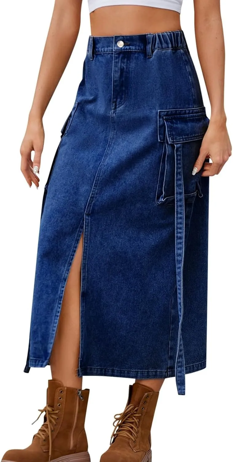 Long Denim Skirts for Women High Waist Denim Maxi Skirt Flared Jean Skirt Pencil Jean Skirts Y2k with Pockets