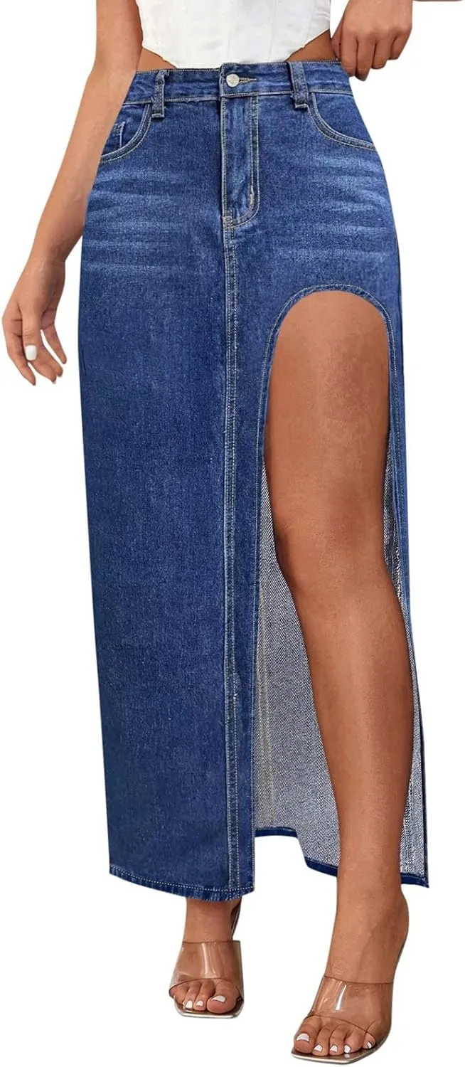 Long Denim Skirts for Women High Waist Denim Maxi Skirt Flared Jean Skirt Pencil Jean Skirts Y2k with Pockets