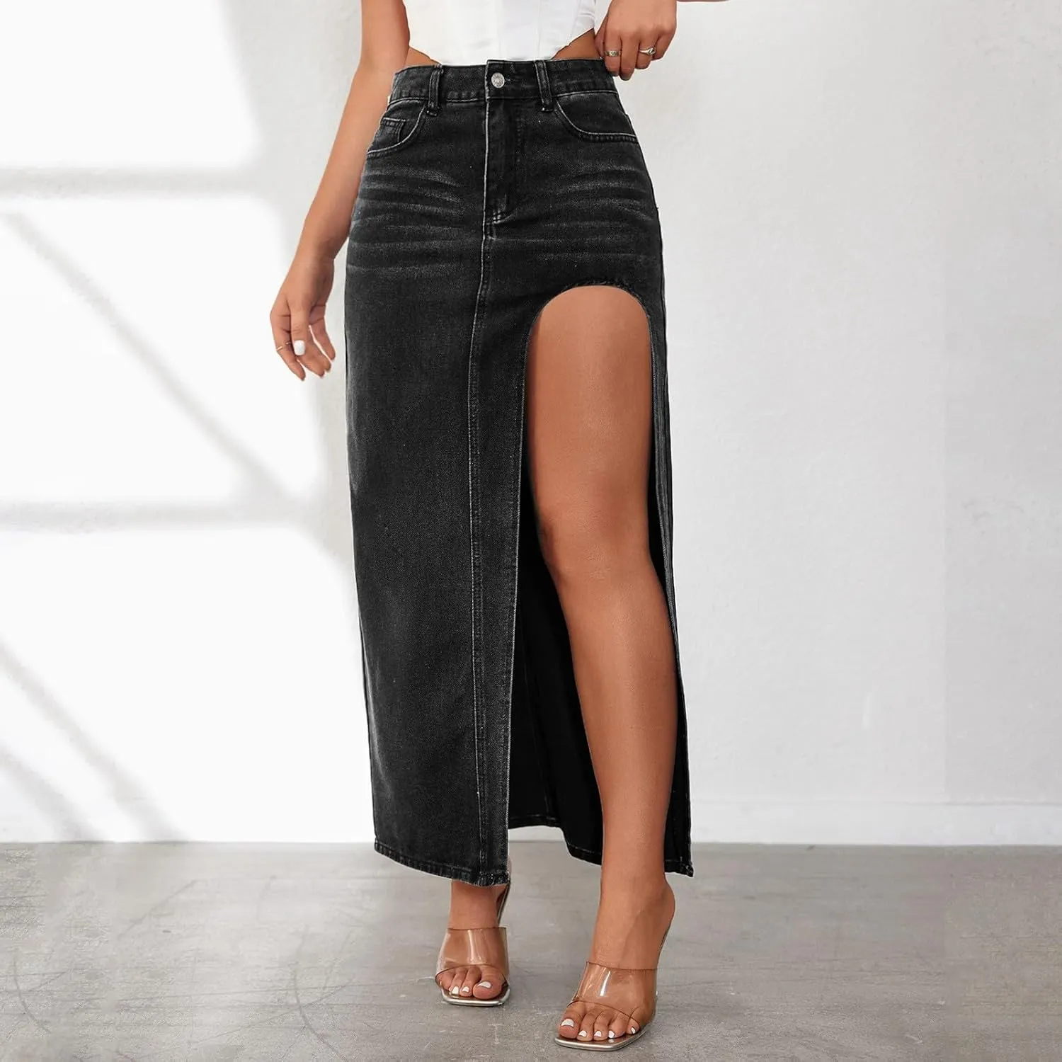 Long Denim Skirts for Women High Waist Denim Maxi Skirt Flared Jean Skirt Pencil Jean Skirts Y2k with Pockets