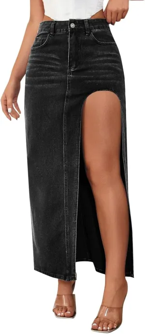 Long Denim Skirts for Women High Waist Denim Maxi Skirt Flared Jean Skirt Pencil Jean Skirts Y2k with Pockets