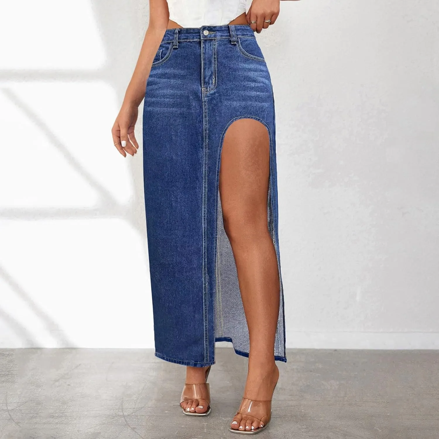 Long Denim Skirts for Women High Waist Denim Maxi Skirt Flared Jean Skirt Pencil Jean Skirts Y2k with Pockets