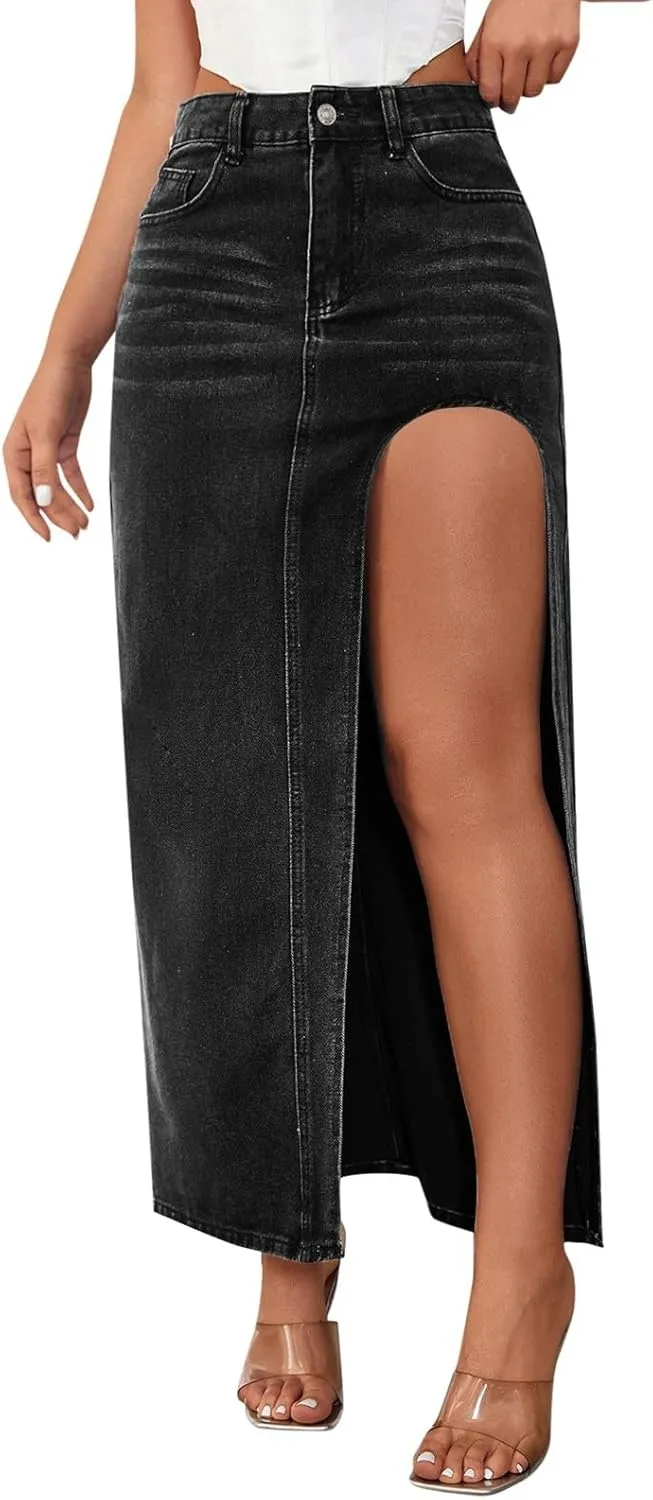 Long Denim Skirts for Women High Waist Denim Maxi Skirt Flared Jean Skirt Pencil Jean Skirts Y2k with Pockets