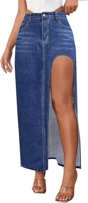 Long Denim Skirts for Women High Waist Denim Maxi Skirt Flared Jean Skirt Pencil Jean Skirts Y2k with Pockets
