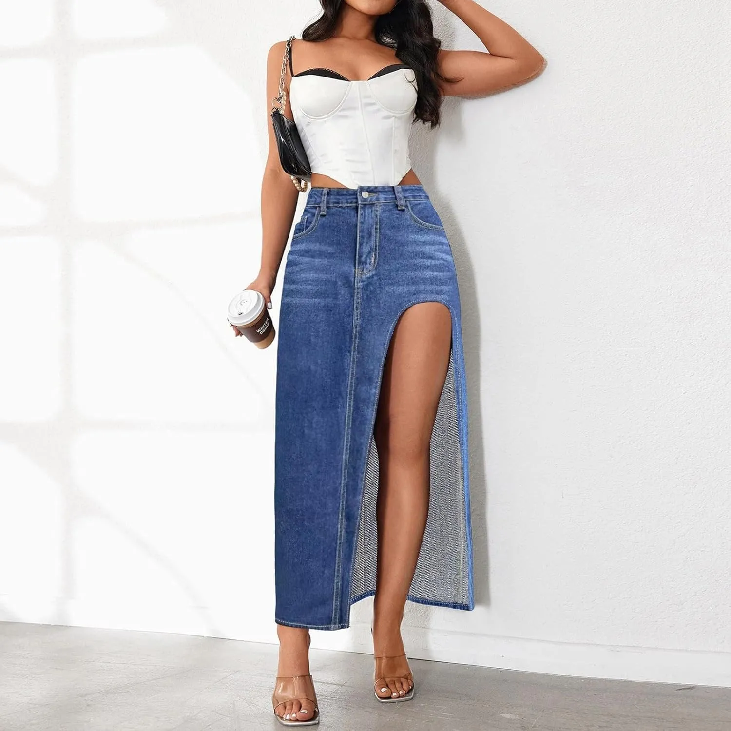 Long Denim Skirts for Women High Waist Denim Maxi Skirt Flared Jean Skirt Pencil Jean Skirts Y2k with Pockets