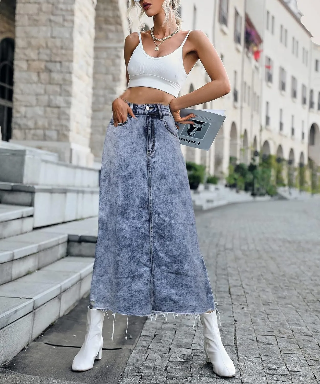 Long Denim Skirts for Women Maxi Paperbag High Waist Frayed Raw Hem A line Flare Jean Skirt with Pockets