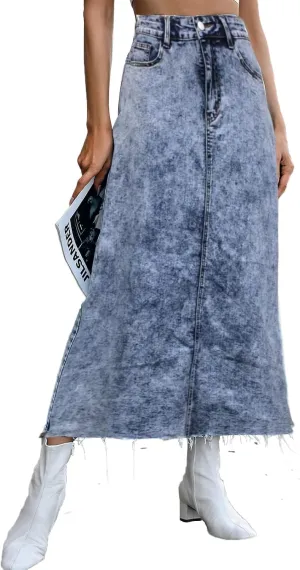 Long Denim Skirts for Women Maxi Paperbag High Waist Frayed Raw Hem A line Flare Jean Skirt with Pockets