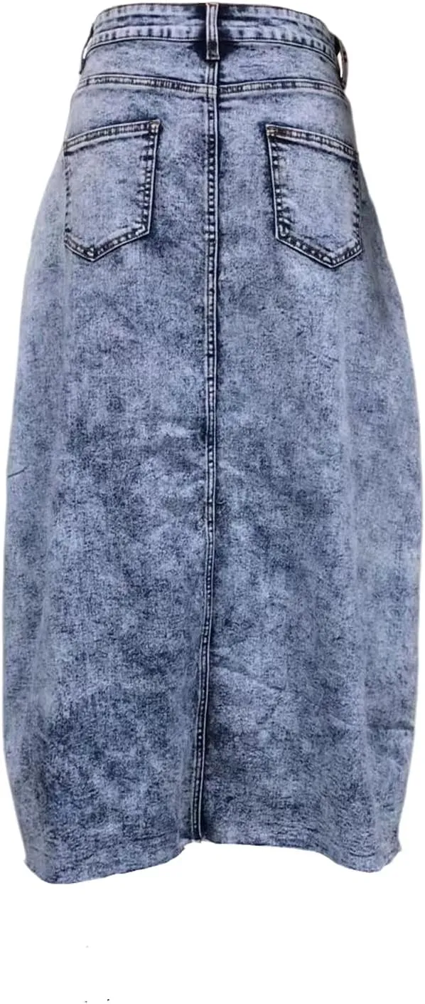Long Denim Skirts for Women Maxi Paperbag High Waist Frayed Raw Hem A line Flare Jean Skirt with Pockets